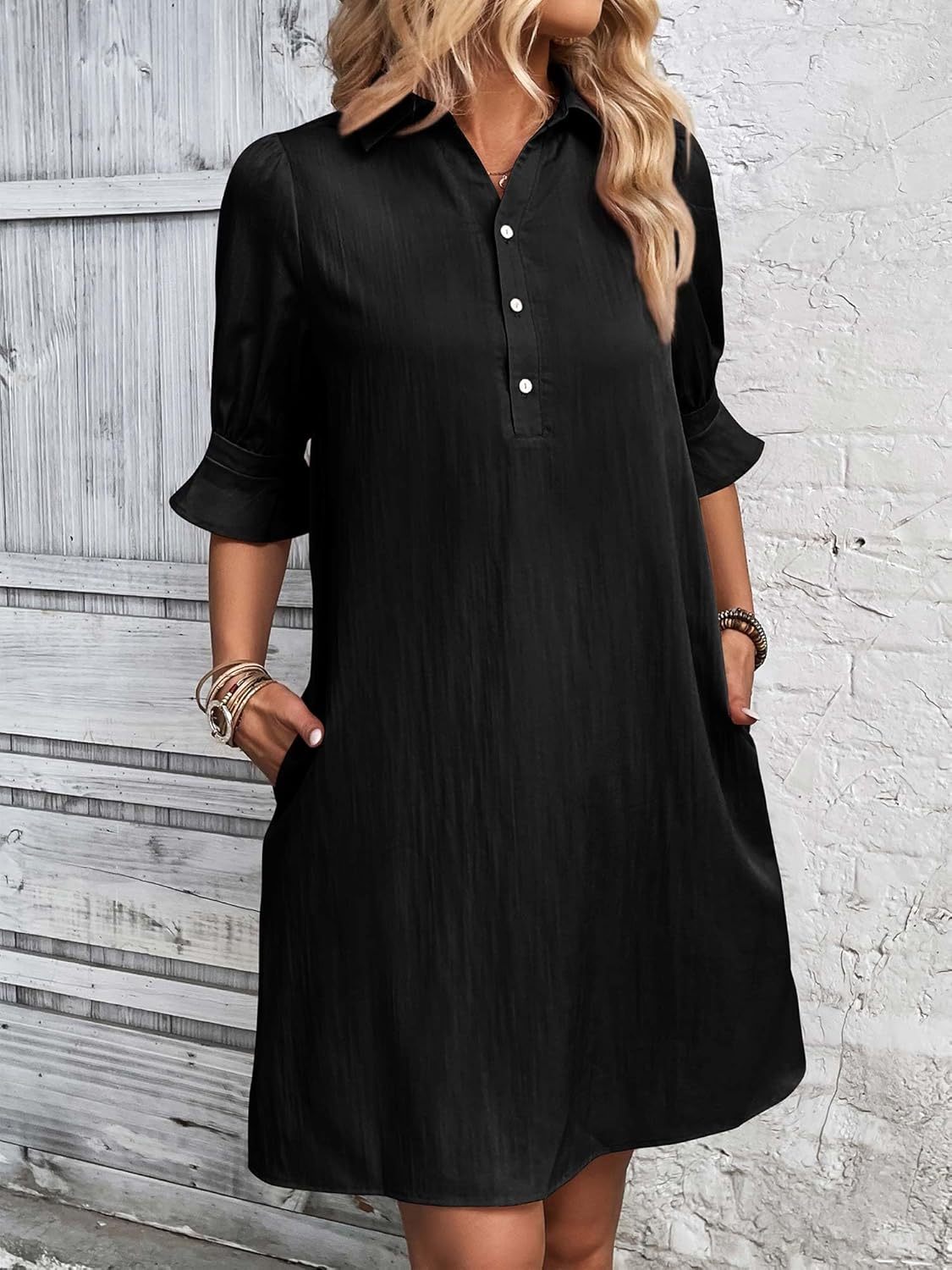 Women's Button-Down Shirt Dress 3/4 Sleeve Knee Length