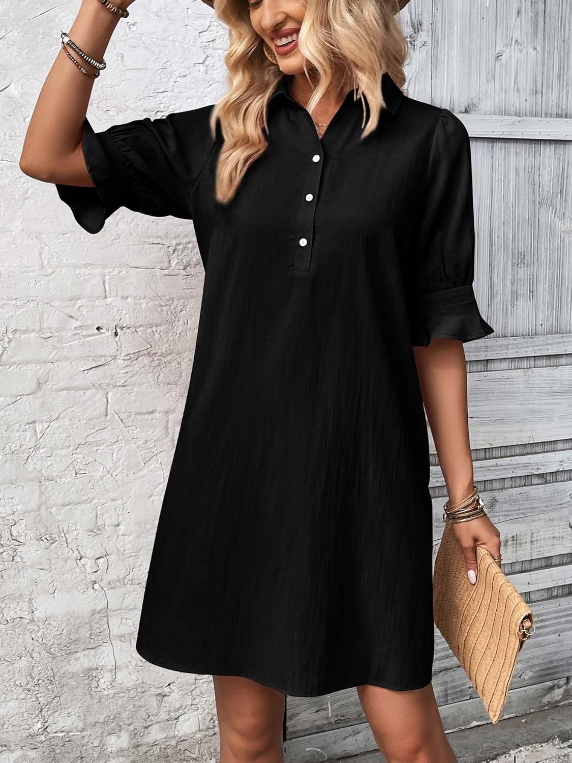 Women's Button-Down Shirt Dress 3/4 Sleeve Knee Length