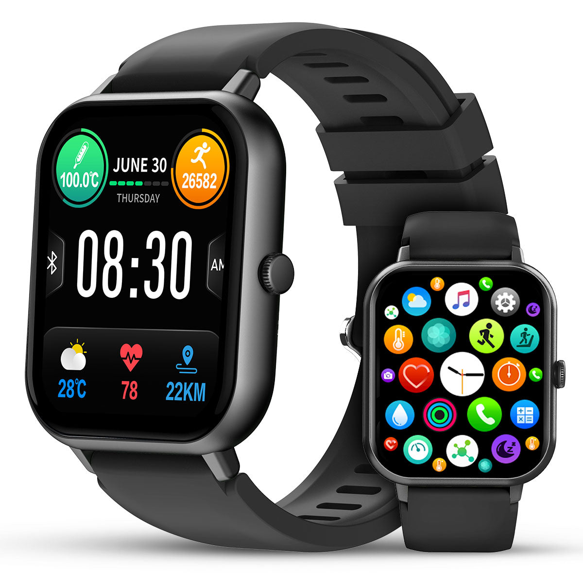 Montre connectée noire avec écran tactile affichant l'heure, la date, le nombre de pas et des icônes d'applications colorées. Accessoire high-tech moderne.