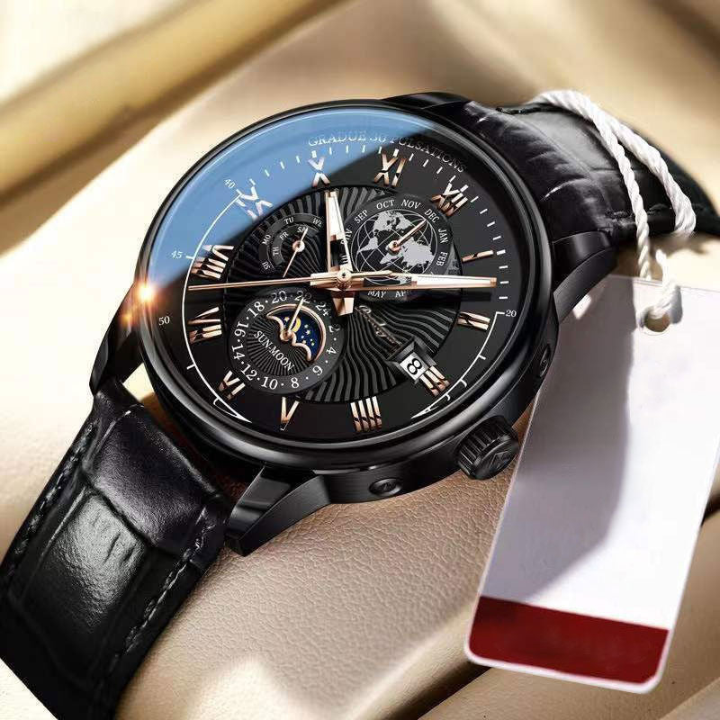 NovaQuartz | Hoogwaardig lichtgevend quartz herenhorloge met leren band