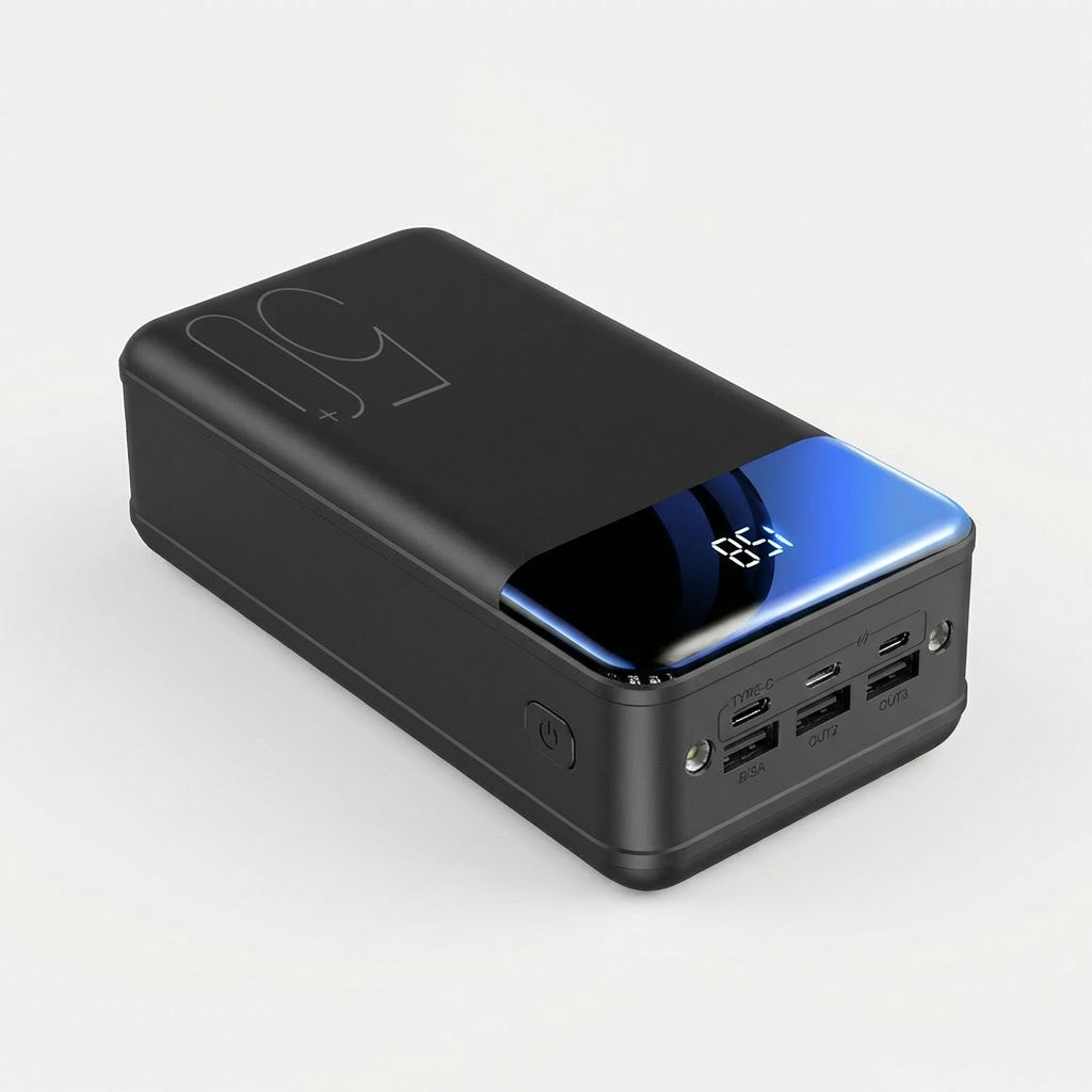 Black High-Capacity Power Bank With Built-In LED Lights Angled View - Portable Power Technology - Jurni
