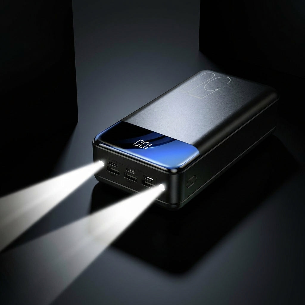 Black High-Capacity Power Bank With Built-In LED Lights Dark Setting - Emergency Lighting Feature - Jurni
