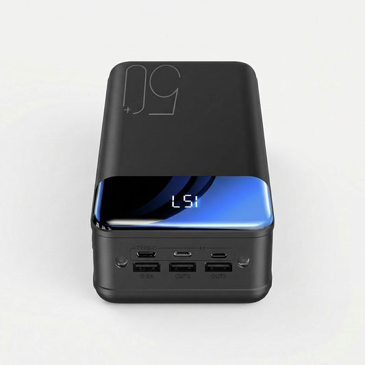 Black High-Capacity Power Bank With Built-In LED Lights Front View - Emergency Portable Charging - Jurni
