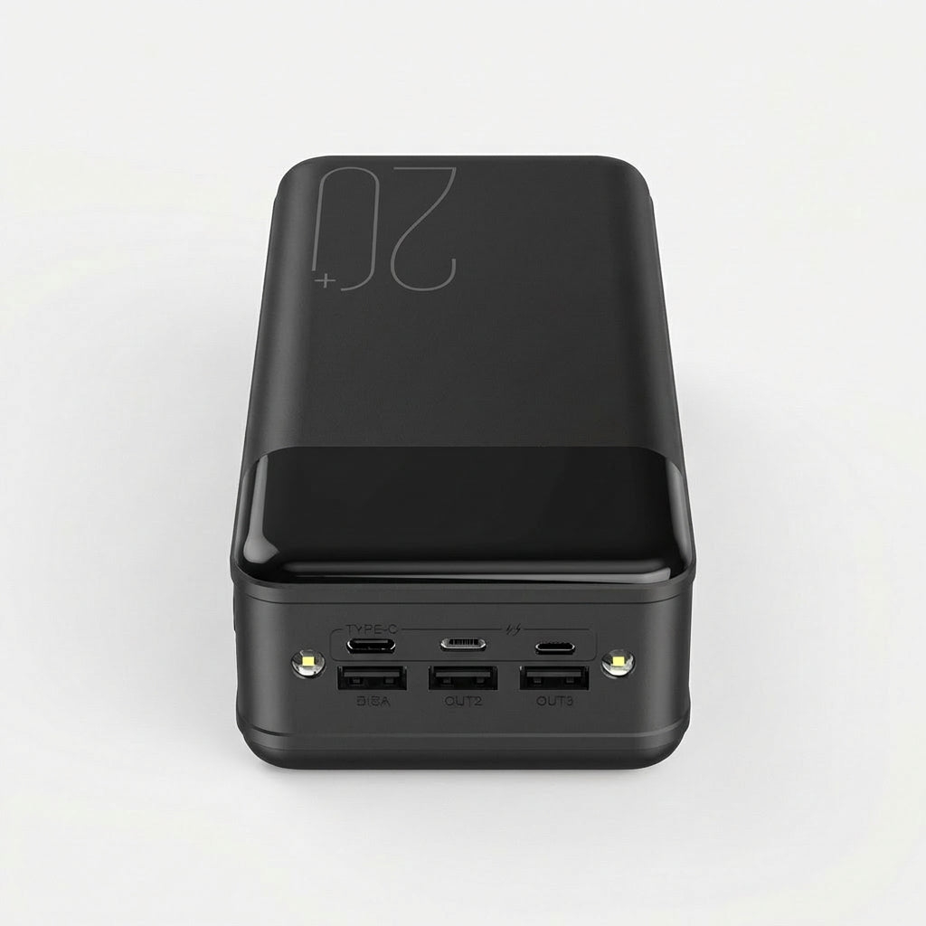 Black High-Capacity Power Bank With Built-In LED Lights Top View - LED Light Array Design - Jurni
