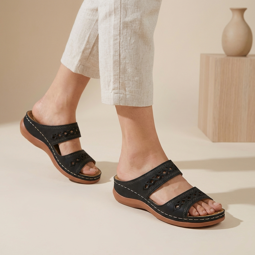 Laser-Cut Double Strap Comfort Orthopedic Slides - Timeless Ease for Sunny Days