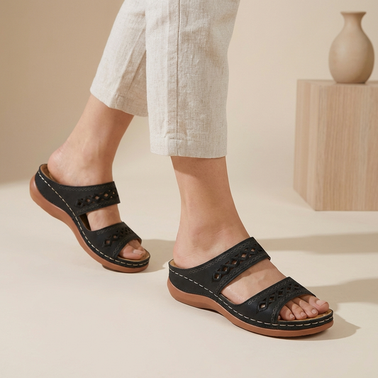 Laser-Cut Double Strap Comfort Orthopedic Slides - Timeless Ease for Sunny Days