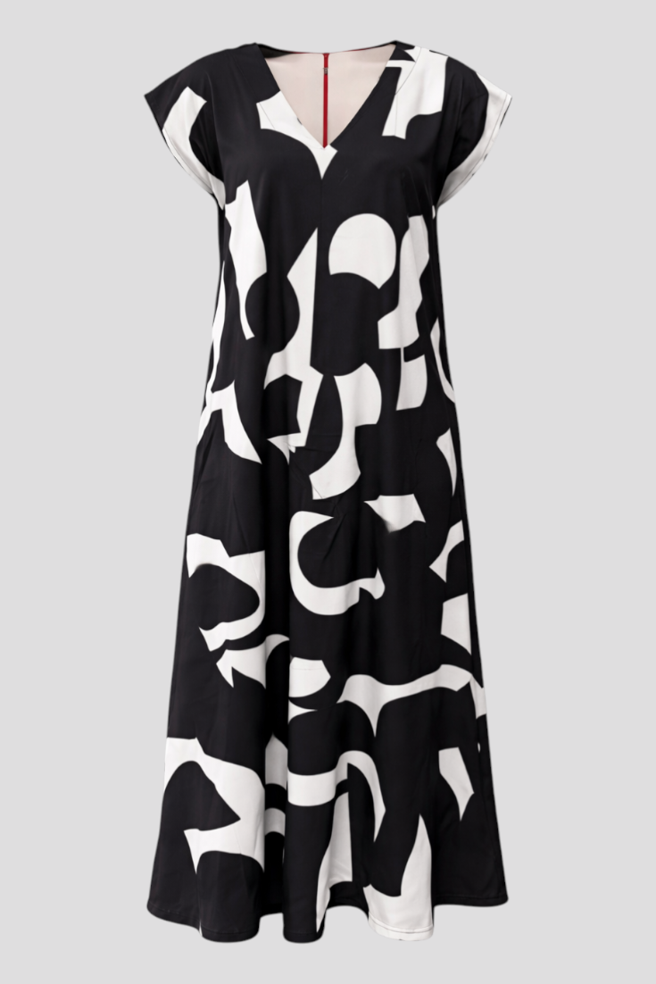 Abito Donna Maxy con Stampa Astratta - Nero - abito estivo abito lungo abito maxy materiale leggero moda femminile scollatura a V stampa astratta stile artistico taglie disponibili vestibilità comoda - Concept Palermo