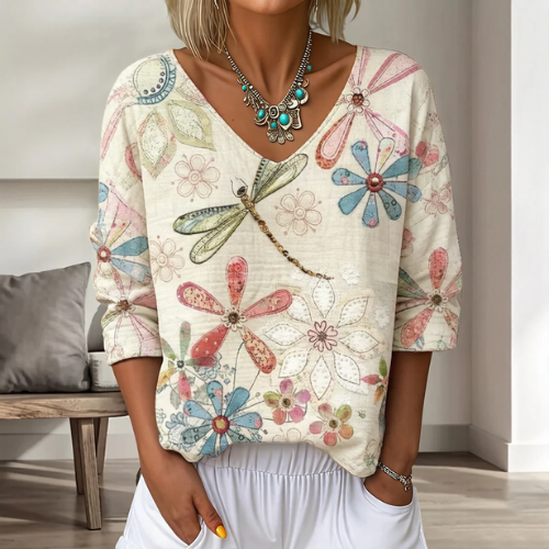 Liorra | Vintage-inspiriertes V-Neck Top mit floralen Akzenten