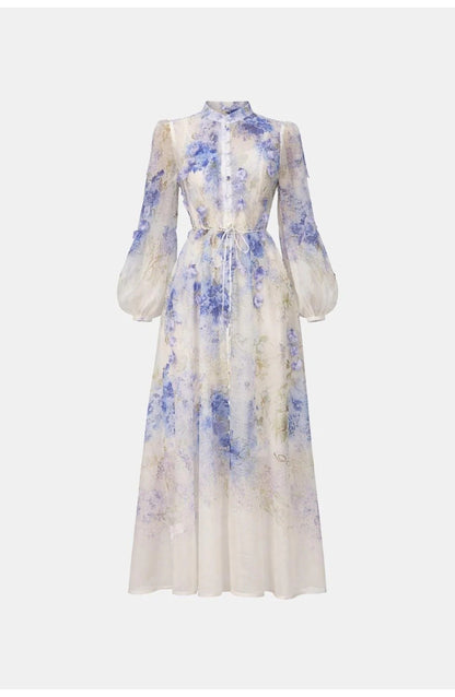 Laure Dames Maxi Jurk | Blauwe Bloemenprint | Elegante Lange Jurk