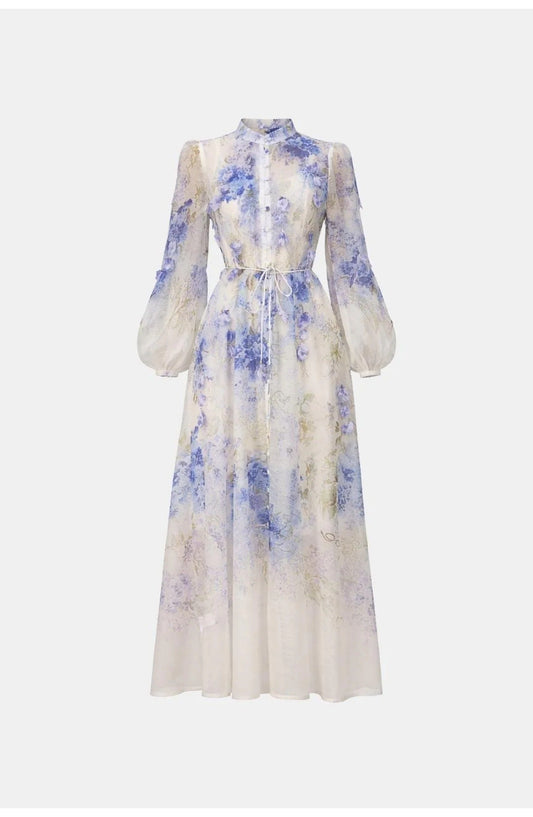 Laure Dames Maxi Jurk | Blauwe Bloemenprint | Elegante Lange Jurk