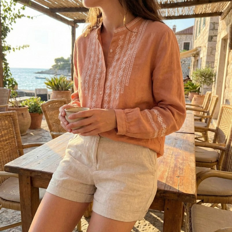 Blouse dames | Linnen blouse met borduursel en knoopsluiting