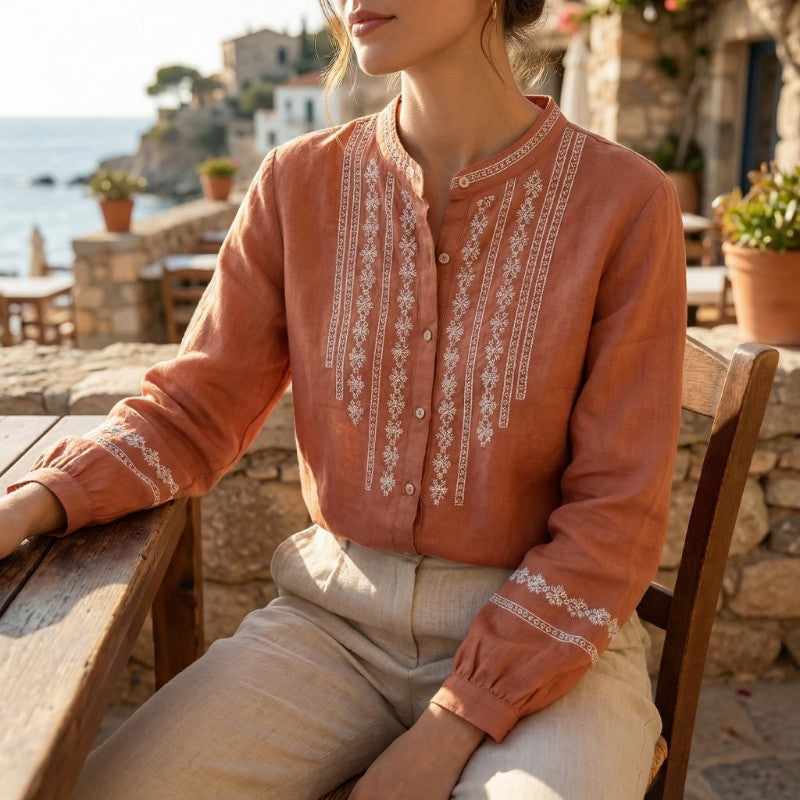 Blouse dames | Linnen blouse met borduursel en knoopsluiting