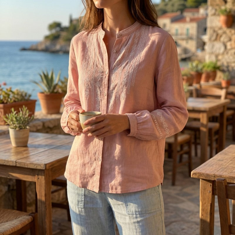 Blouse dames | Linnen blouse met borduursel en knoopsluiting