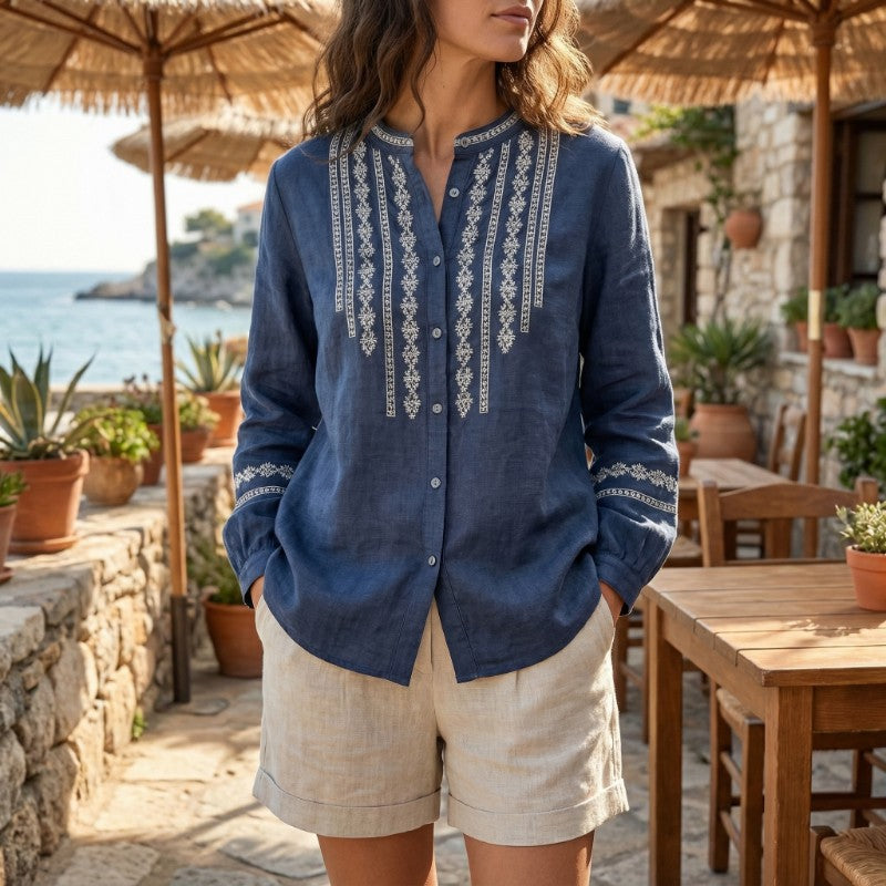 Blouse dames | Linnen blouse met borduursel en knoopsluiting