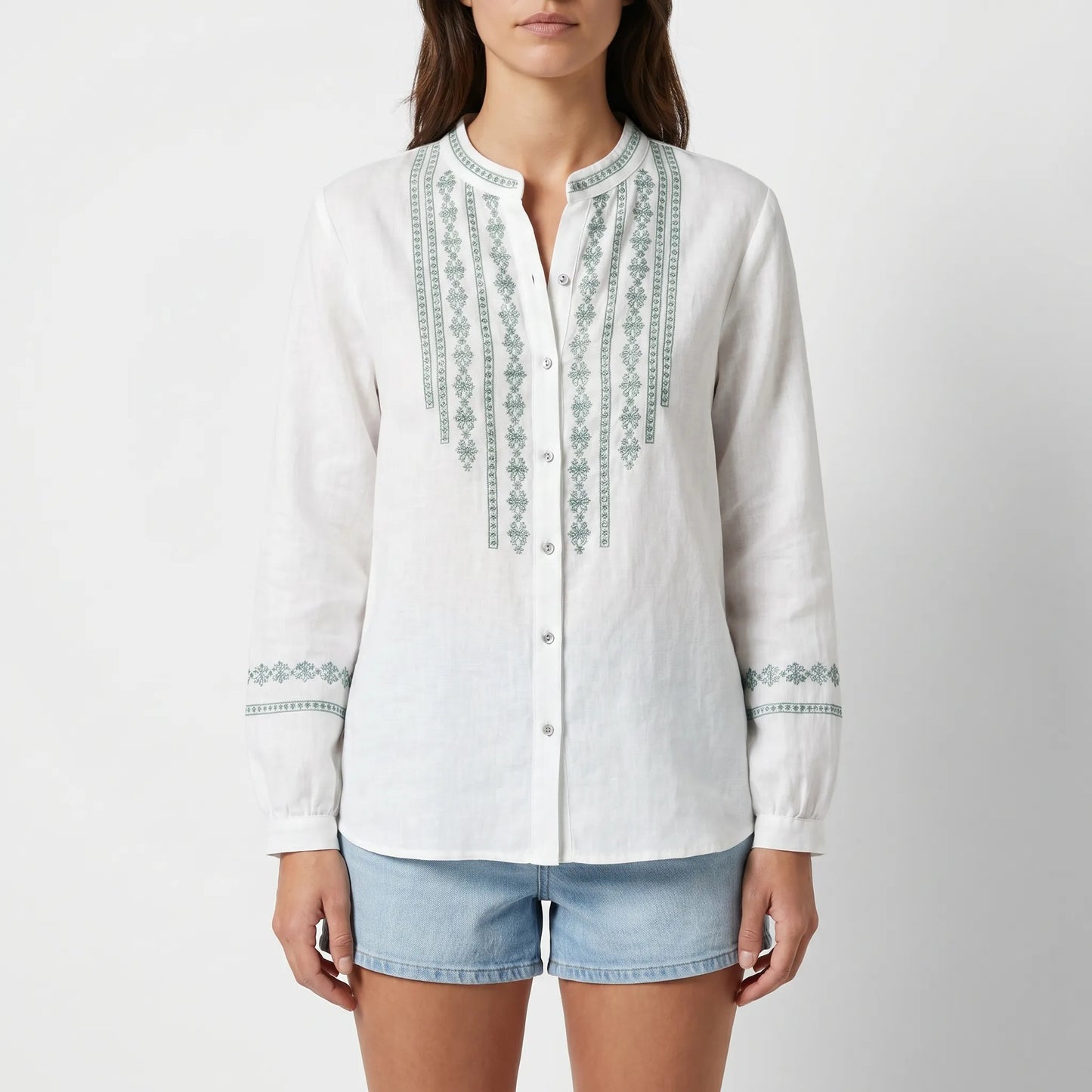 Blouse dames | Linnen blouse met borduursel en knoopsluiting