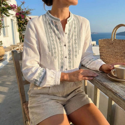 Blouse dames | Linnen blouse met borduursel en knoopsluiting