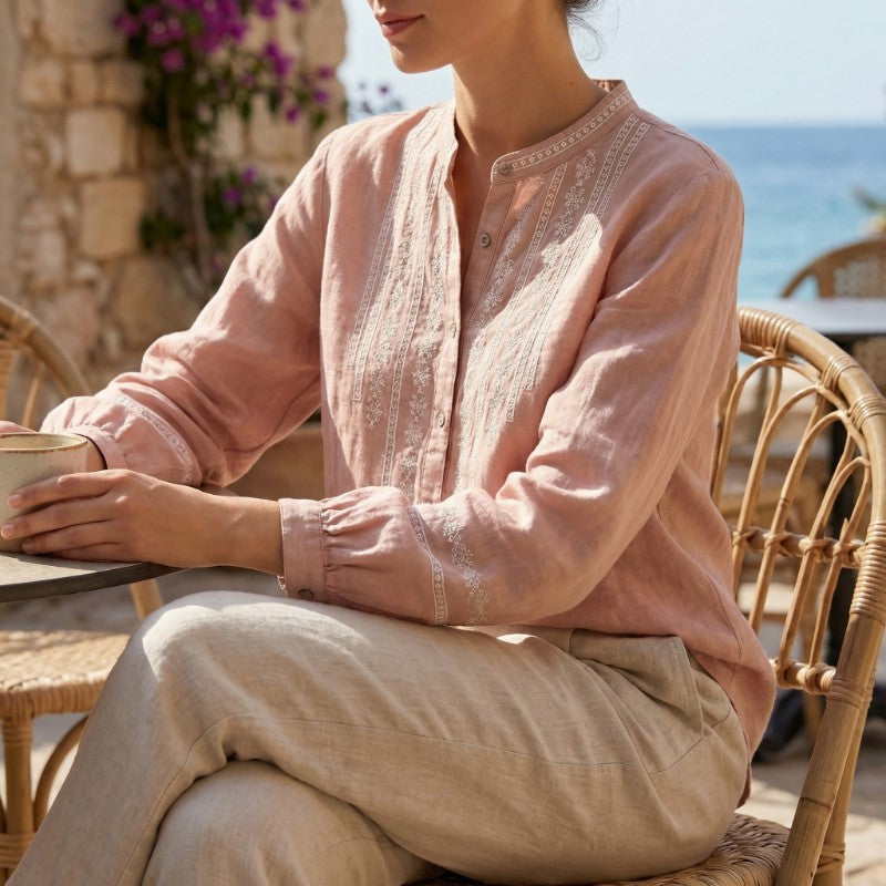 Blouse dames | Linnen blouse met borduursel en knoopsluiting