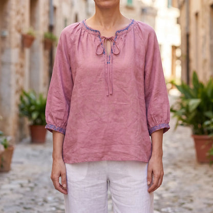 Blouse dames | Linnen blouse met borduursel en striksluiting