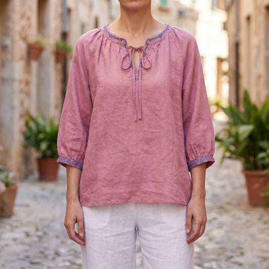 Blouse dames | Linnen blouse met borduursel en striksluiting