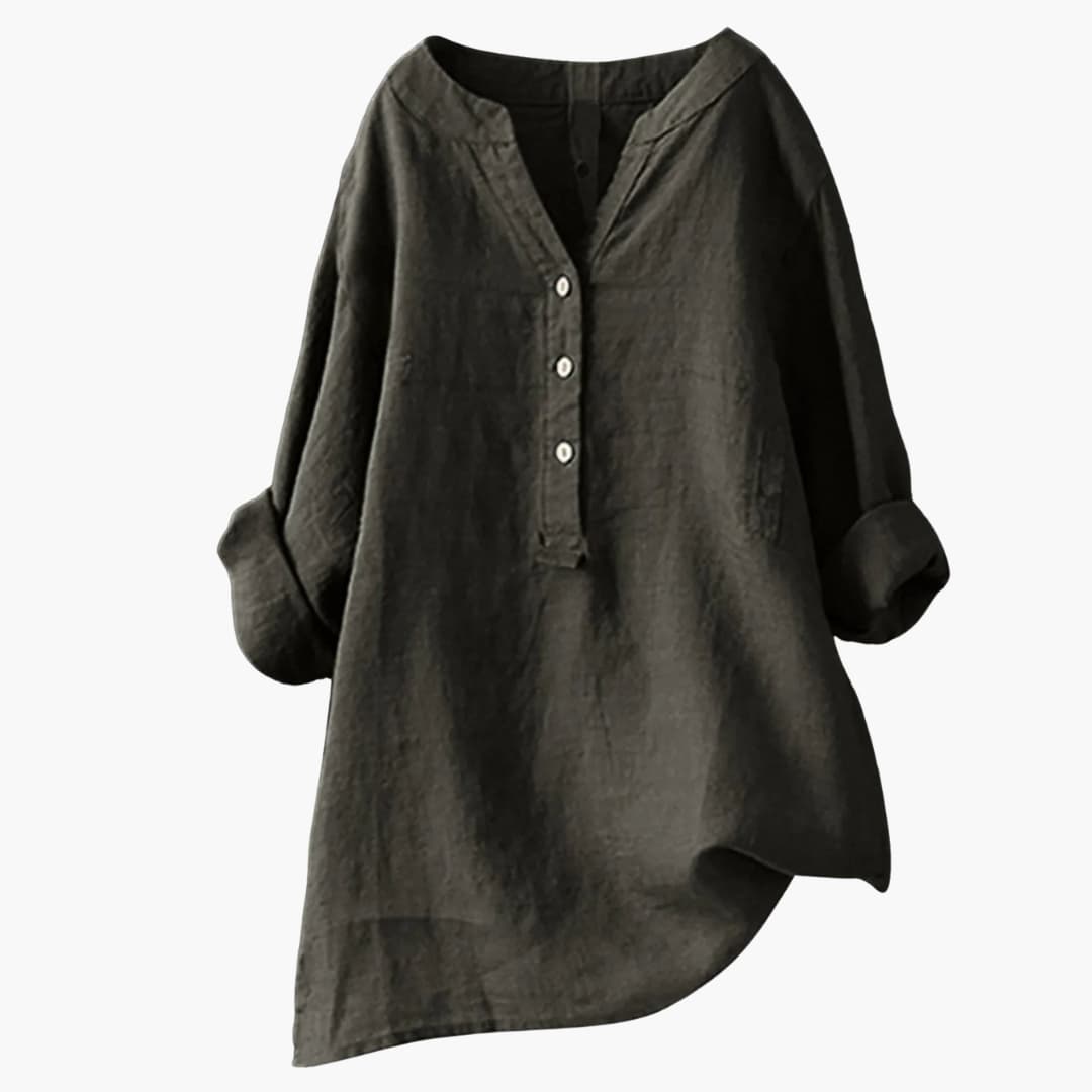 Chemise en lin noir pour femme, manches longues retroussées, col en V avec boutons, style décontracté et élégant, mode automne-hiver.