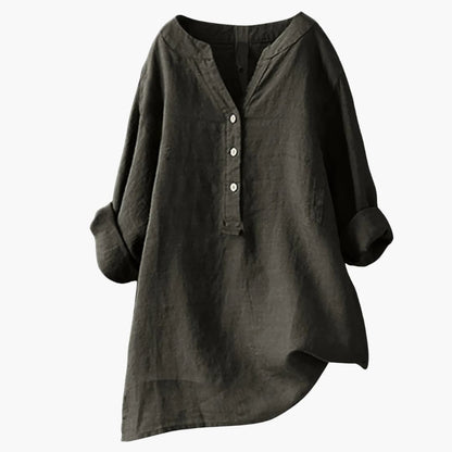 Chemise en lin noir pour femme, manches longues retroussées, col en V avec boutons, style décontracté et élégant, mode automne-hiver.