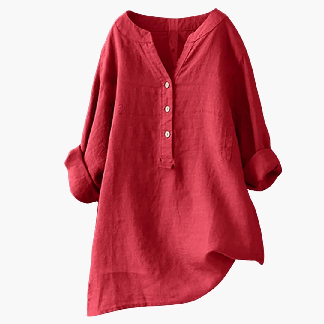 Chemise tunique rouge en lin pour femme, manches longues retroussées, col en V avec boutons, style décontracté et élégant.