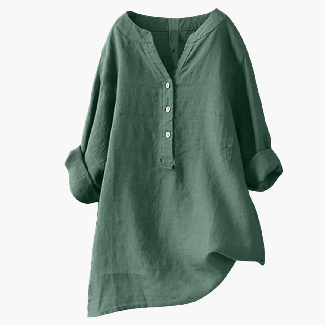 Chemise en lin vert pour femme, manches longues retroussées, col en V avec boutons, style décontracté et élégant, mode tendance.