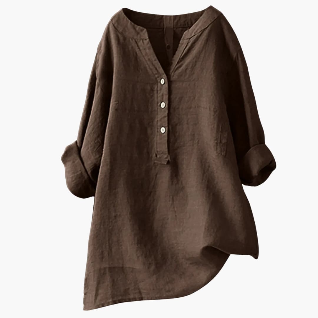 Chemise en lin marron pour femme, manches longues retroussées, col en V avec boutons, style décontracté et élégant, mode automne-hiver.
