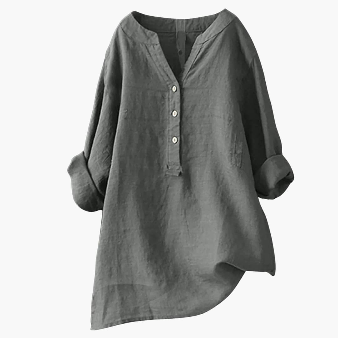 Chemise en lin gris pour femme, manches longues retroussées, col en V avec boutons, style décontracté et élégant, mode automne-hiver.
