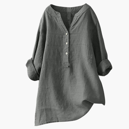 Chemise en lin gris pour femme, manches longues retroussées, col en V avec boutons, style décontracté et élégant, mode automne-hiver.