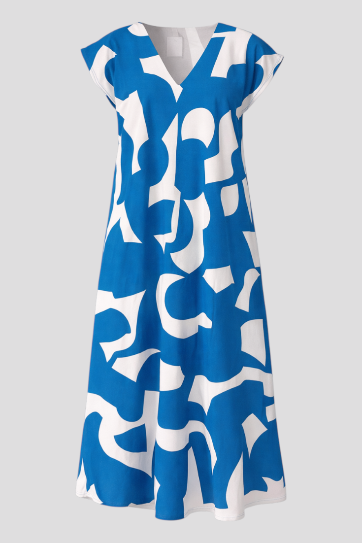Abito Donna Maxy con Stampa Astratta - Blu - abito estivo abito lungo abito maxy materiale leggero moda femminile scollatura a V stampa astratta stile artistico taglie disponibili vestibilità comoda - Concept Palermo