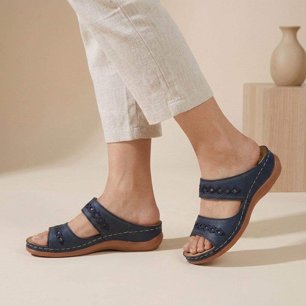 Laser-Cut Double Strap Comfort Orthopedic Slides - Timeless Ease for Sunny Days