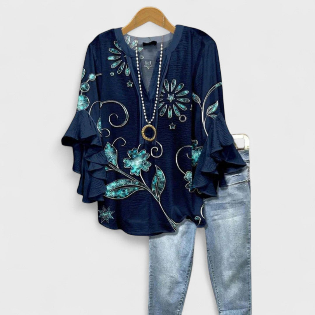 Damenbluse Slim Fit Casual mit Volantärmel und V-Ausschnitt