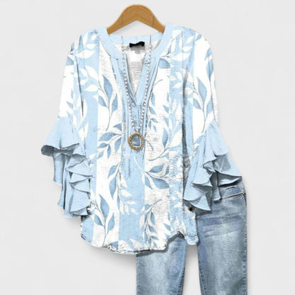 Damenbluse Slim Fit Casual mit Volantärmel und V-Ausschnitt
