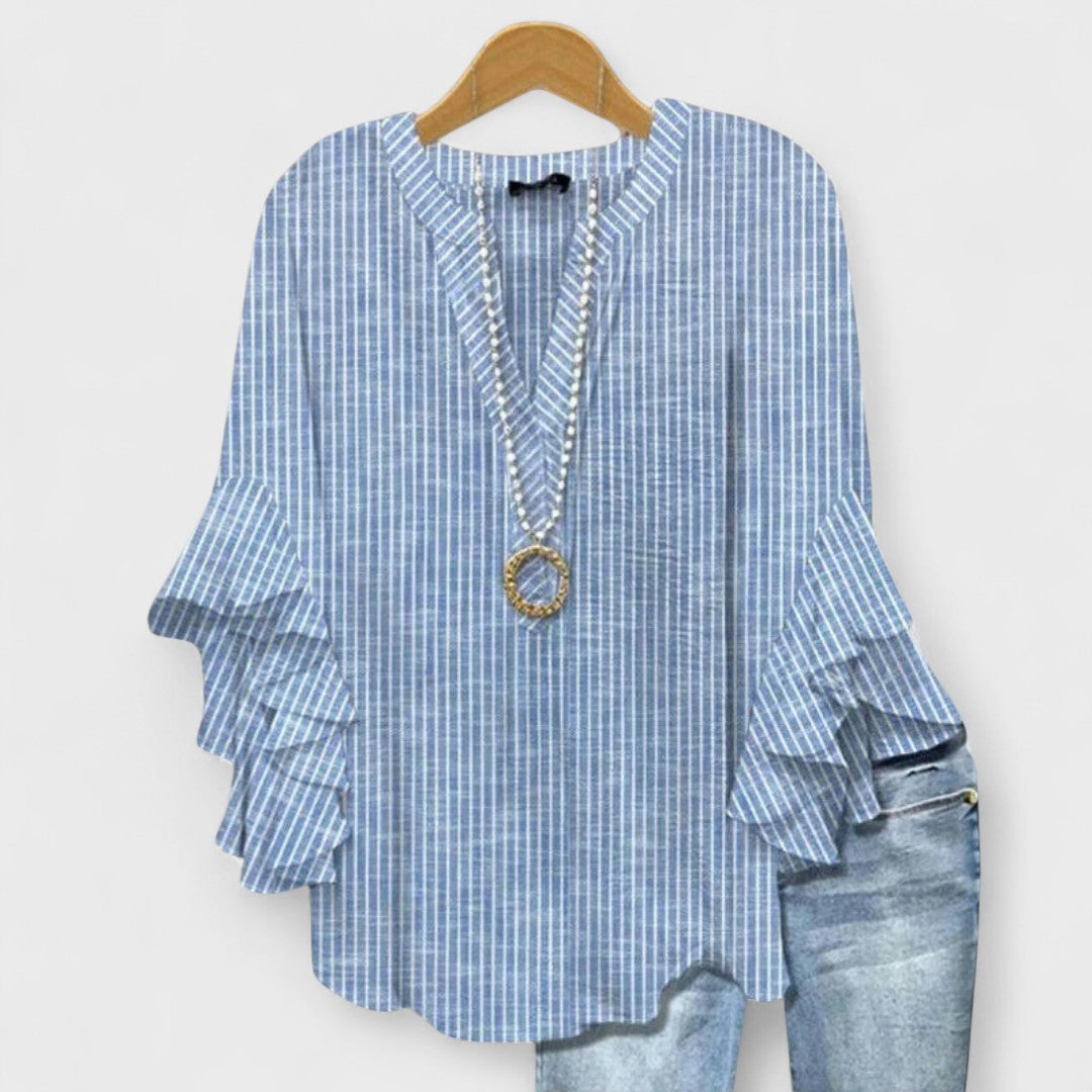 Damenbluse Slim Fit Casual mit Volantärmel und V-Ausschnitt