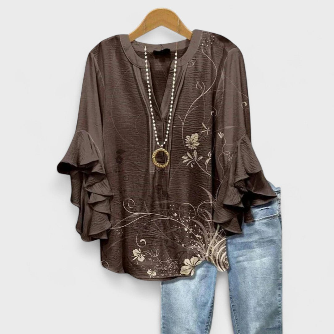 Damenbluse Slim Fit Casual mit Volantärmel und V-Ausschnitt