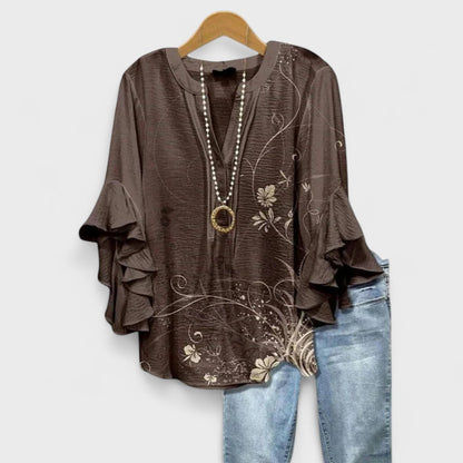 Damenbluse Slim Fit Casual mit Volantärmel und V-Ausschnitt