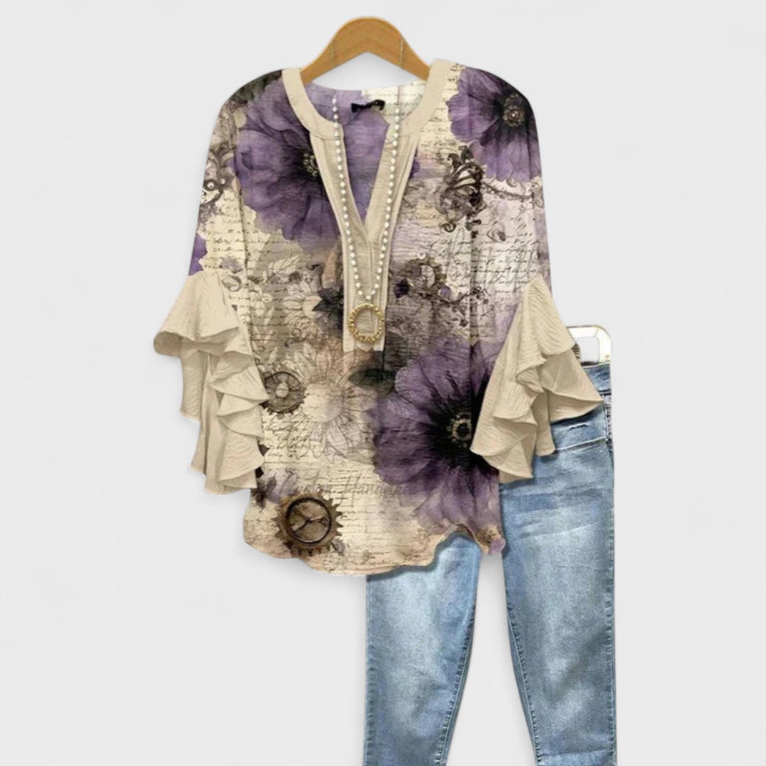 Damenbluse Slim Fit Casual mit Volantärmel und V-Ausschnitt