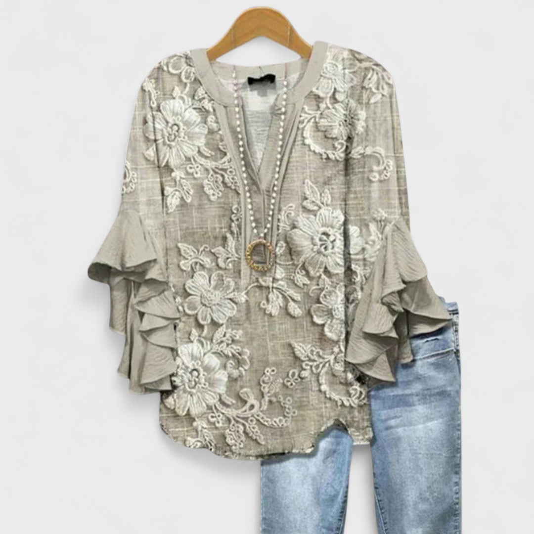 Damenbluse Slim Fit Casual mit Volantärmel und V-Ausschnitt