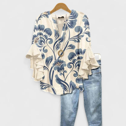 Damenbluse Slim Fit Casual mit Volantärmel und V-Ausschnitt