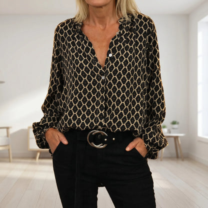 Bluse dame | Print bluse med v-hals og lange ærmer