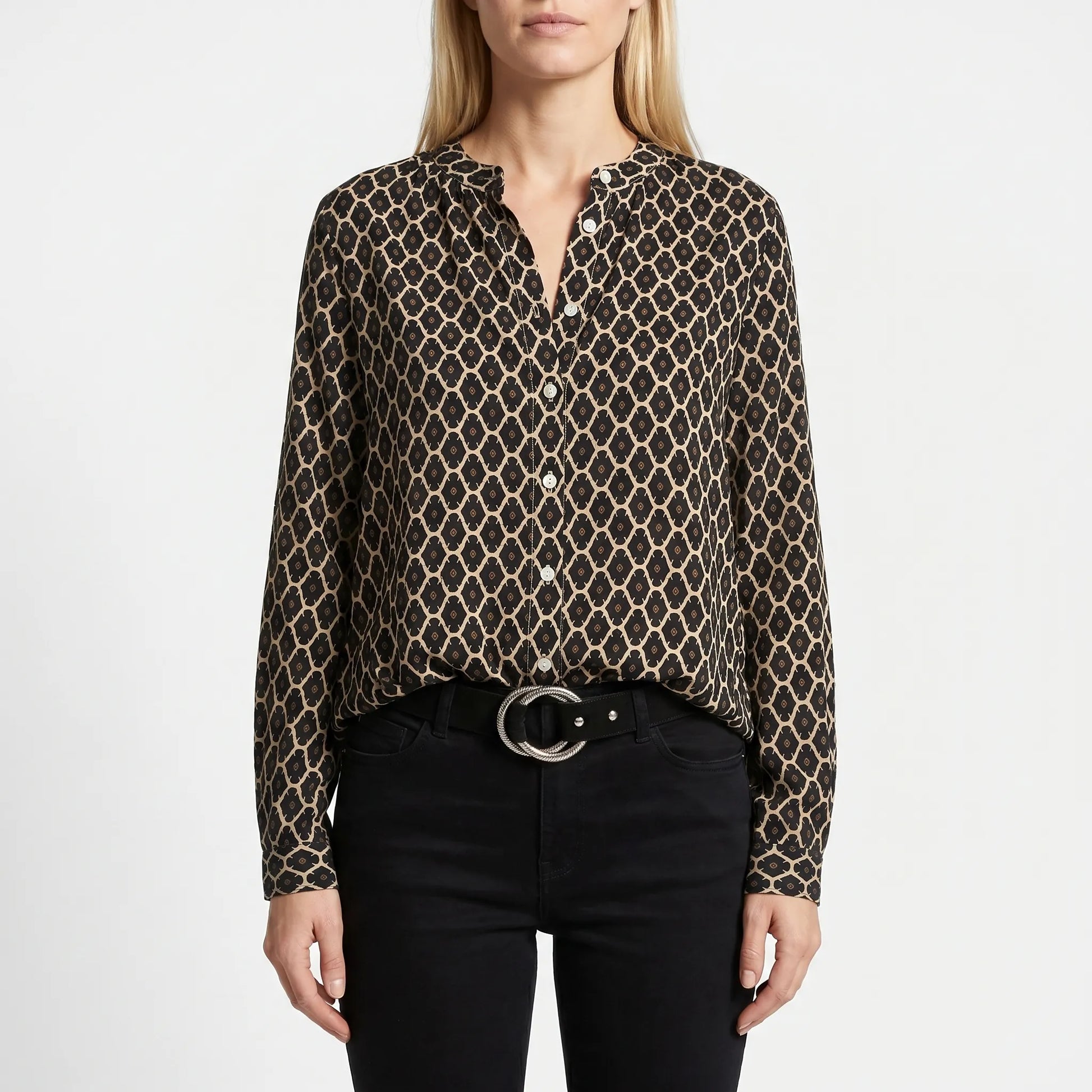 Bluse dame | Print bluse med v-hals og lange ærmer