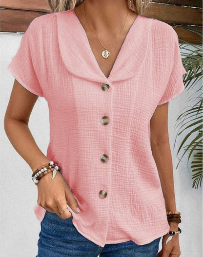 Bluse dame | V-hals bluse med knapper og korte ærmer