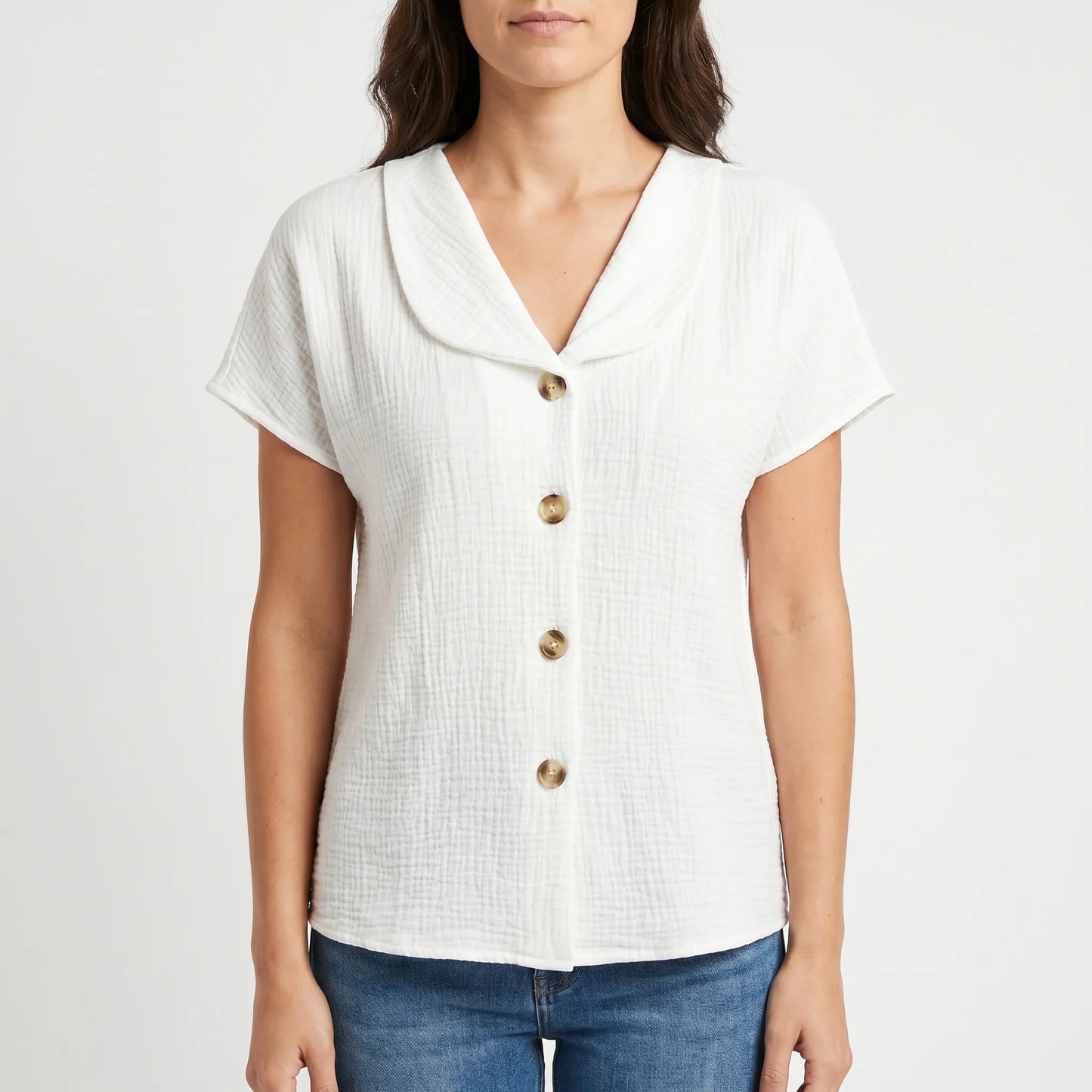 Bluse dame | V-hals bluse med knapper og korte ærmer