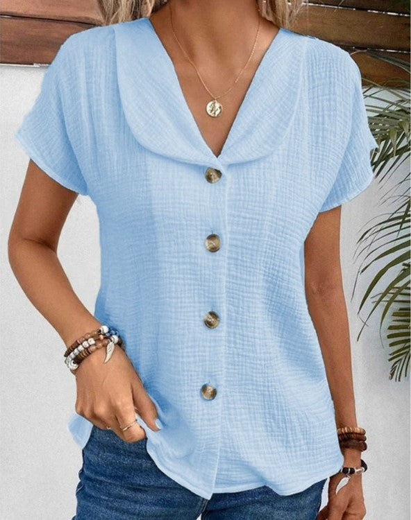 Bluse dame | V-hals bluse med knapper og korte ærmer