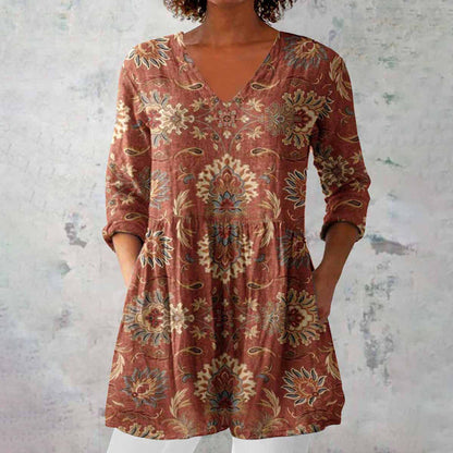Bohemian Chic | Vintage-Bluse mit Ethno-Print und V-Ausschnitt | Atmungsaktives Material für Komfort und Stil 1