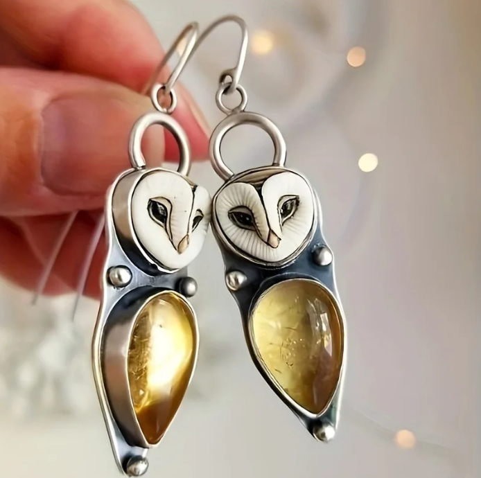 Boho Owl Drop Earrings – Hypoallergenic Silver & Amber Style