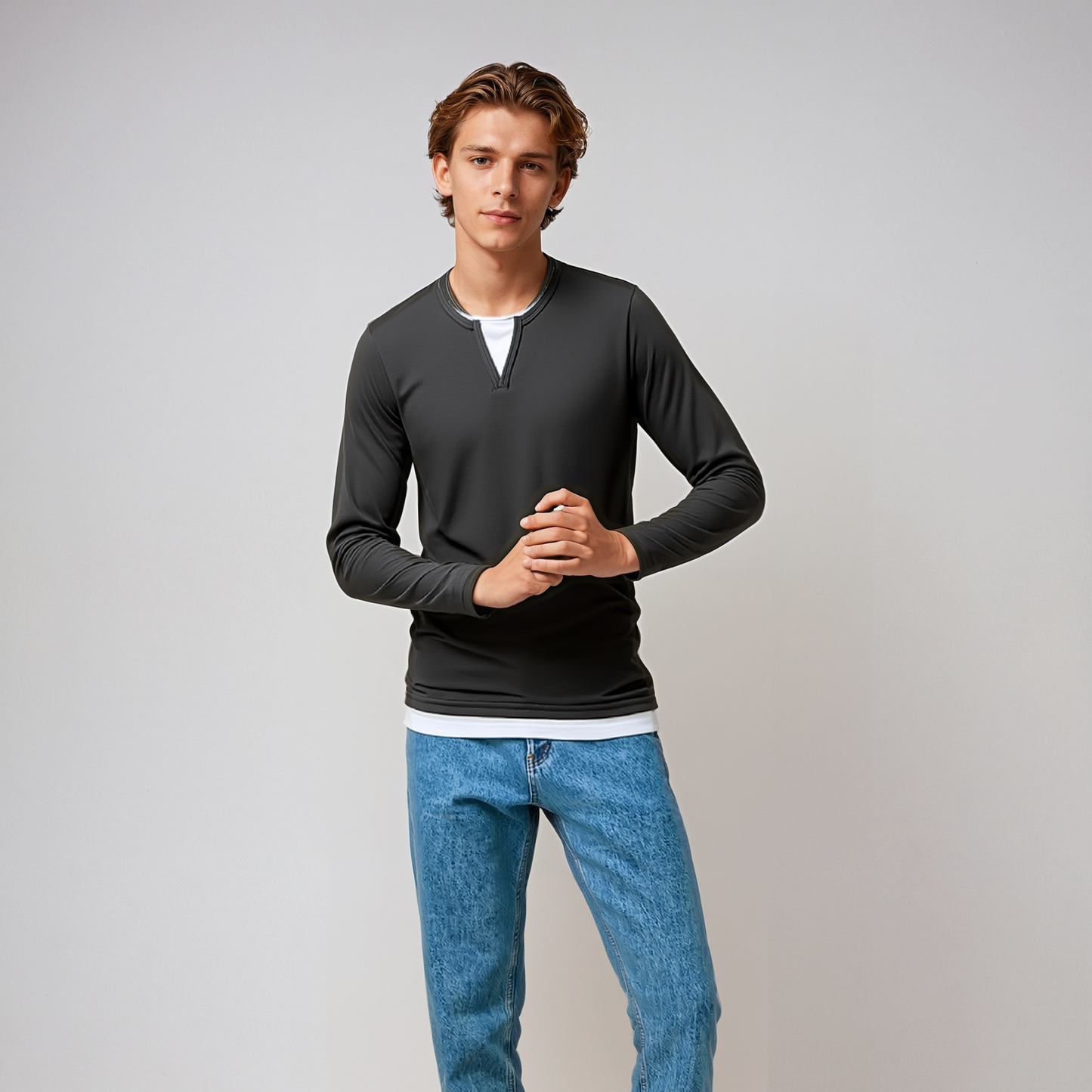 Leonardo - Mens Casual V Neck Long Sleeve Top