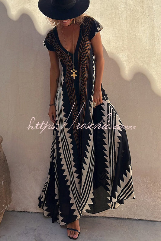 Breezy Maxi Dress | Ethnic Print, Ankle-Length, Short Sleeve 0