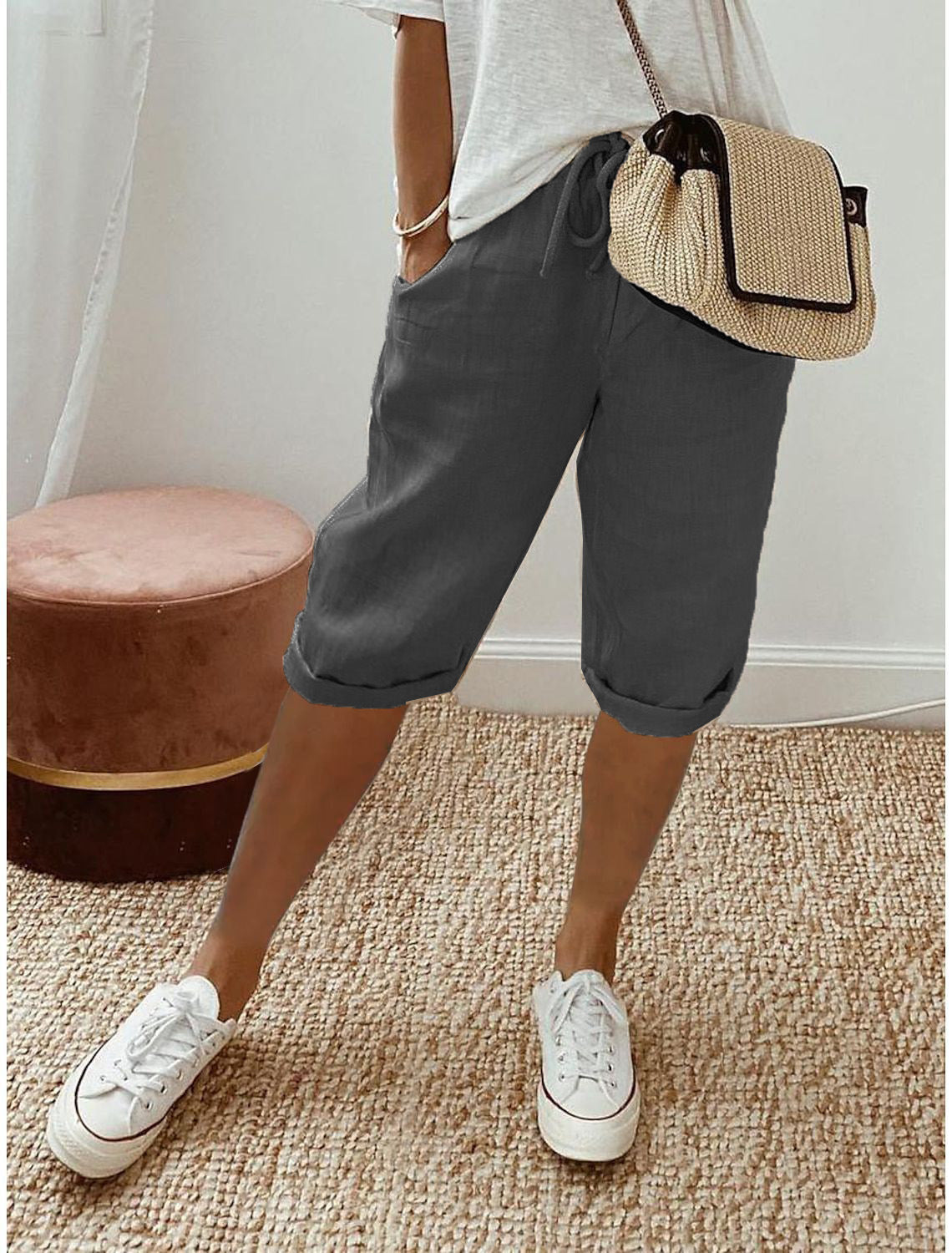 Broek dames | Capri broek met elastische taille en zakken